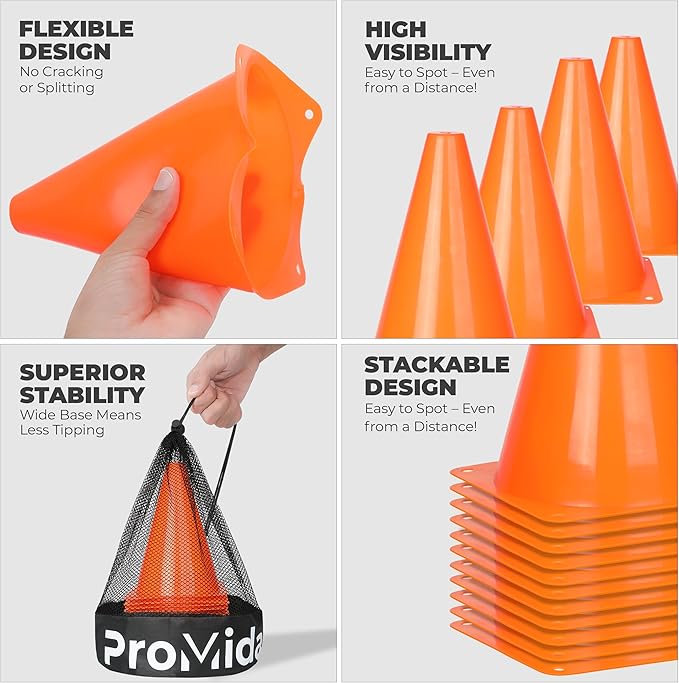 7 Inch(12 PCs) Soccer Cones for Training Kids with Mesh Bag - Small Traffic Cones for Sports Training - Flexible Conos for Soccer Practice, Basketball & Football Drills Equipment