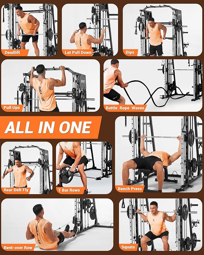 Smith Machines Home Gym with Bench, Squat Rack with Weight Bar, Dual LAT Pull-Down Systems & Cable Crossover Machine for Full-Body Workouts Training, Red & Black