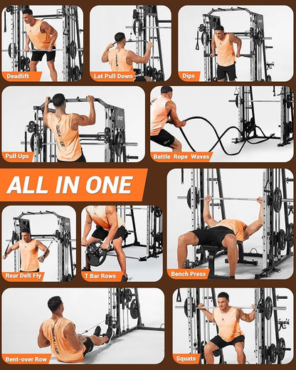 Smith Machines Home Gym with Bench, Squat Rack with Weight Bar, Dual LAT Pull-Down Systems & Cable Crossover Machine for Full-Body Workouts Training, Red & Black