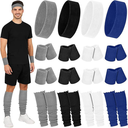 Hillban 4 Set 80s Leg Warmers for Women Men 80s 90s Accessories Neon Headband Wristband Workout Outfit for Carnival Party