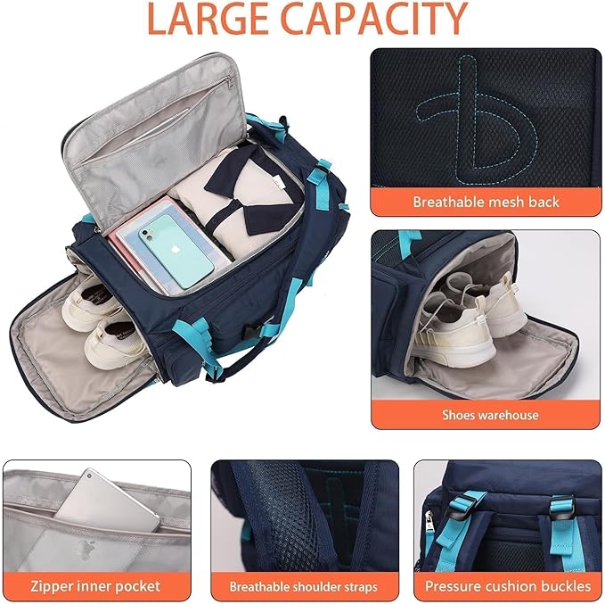 BE SMART 2 in 1 Convertible Gym Duffel Bags with Shoes Compartment - 40L Waterproof Extra Large Workout Backpack for Gym Men, Heavy Duty Sports Duffle Backpacks for Travel, Hiking, Camping, Carry On