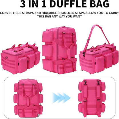 3 In 1 Military Duffel Bag 50L Gym Bag for Men Convertible Weekender Backpack for Sports Travel Basketball (50L-Rose)