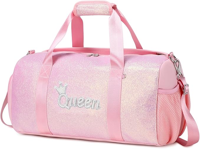 Dance Duffle Bag for Girls Shiny Glitter Sports Gym Bag for Girls Weekender Overnight Sleepover Travel Duffel with Shoes Compartment