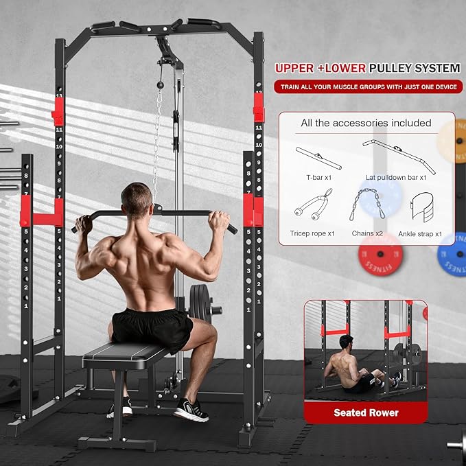 Power Cage, Multi-Function Power Rack with Pulley System Strength Training for Home Gym, Bench Press Squat LAT Pull-Down Pull-up Rowing, All in One Workout Cage