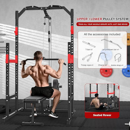 Power Cage, Multi-Function Power Rack with Pulley System Strength Training for Home Gym, Bench Press Squat LAT Pull-Down Pull-up Rowing, All in One Workout Cage