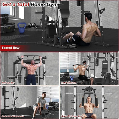 SunHome Smith Machine, Power Cage Squat Rack with Smith Bar, LAT Pull-Down Systems, Cable Crossover Machine and Cable Attachment for Home Gym