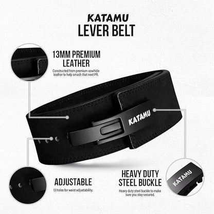 Katamu Premium Leather Lever Weightlifting Belt – Secure Steel Lever, Powerlifting Support for Deadlifts, Squats & Heavy Lifts - Lift More, Look Good