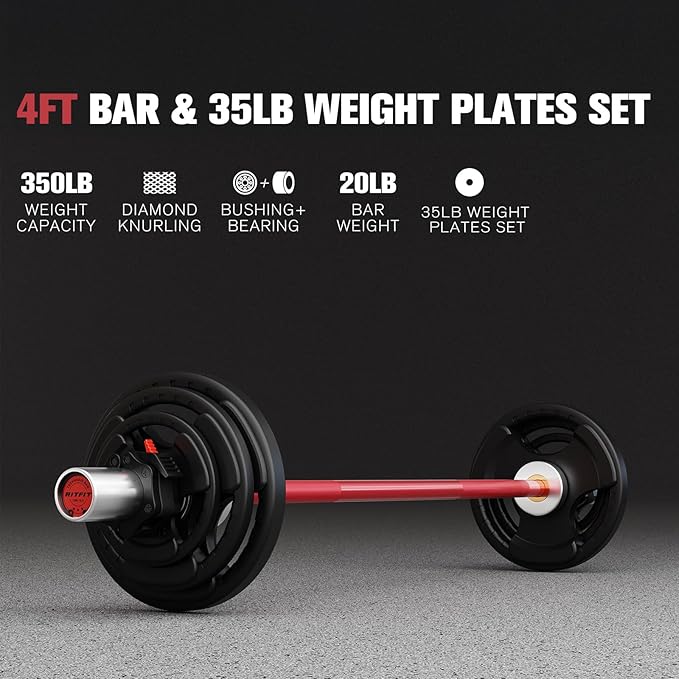 RitFit Barbell Weight Set - 4/6FT Olympic Barbell with Weight Plates (55-115LB Total) - Weightlifting Equipment for Squats, Curls, Deadlifts, Presses, Hip Thrusts