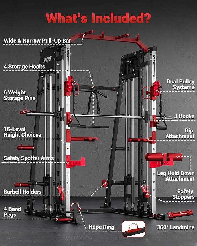 GarveeLife Smith Machine Home Gym All in One, 2200 LBS Squat Rack Power Cage with Smith Bar, LAT Pull-Down, Cable Systems, Leg Hold-Down and More Attachments, Workout Equipment (Red Black)