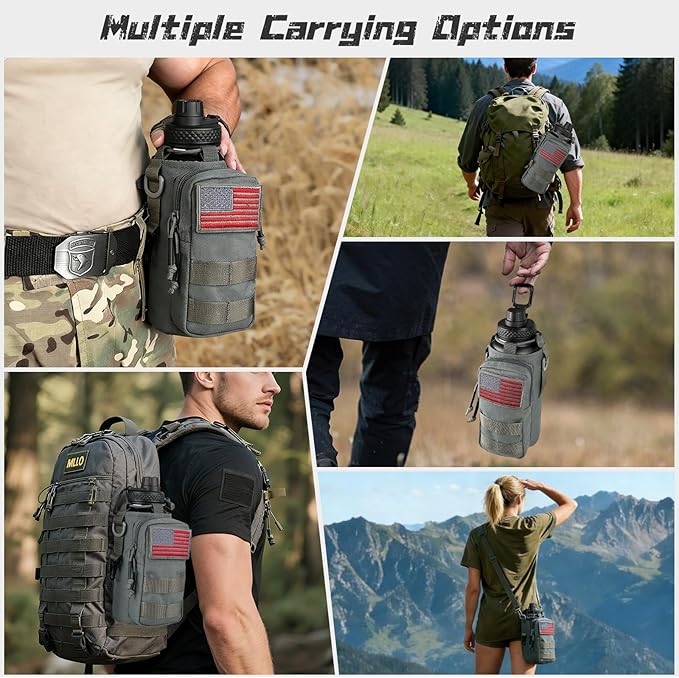 32 oz Insulated Water Bottle with Sleeve - Tactical Stainless Steel Wide Mouth Gym Water Bottles for Men Sports Workout Hiking with Pouch Gray
