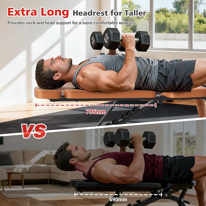 XDDIAS Workout Bench, 10 Backrests Adjustable Weight Bench with Extended Headrest, 800LBS Foldable Weight Bench for Home Gym, Incline Decline Flat Bench Compact for Small Space Training