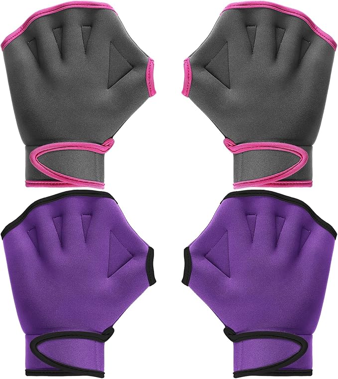 Sumind 2 Pairs Swimming Gloves Aquatic Training Gloves Neoprene Mittens Webbed Fitness Water Aerobics Resistance Training for Women Men Swimming Diving(Medium,Gray/ Rose Red, Purple/ Black)