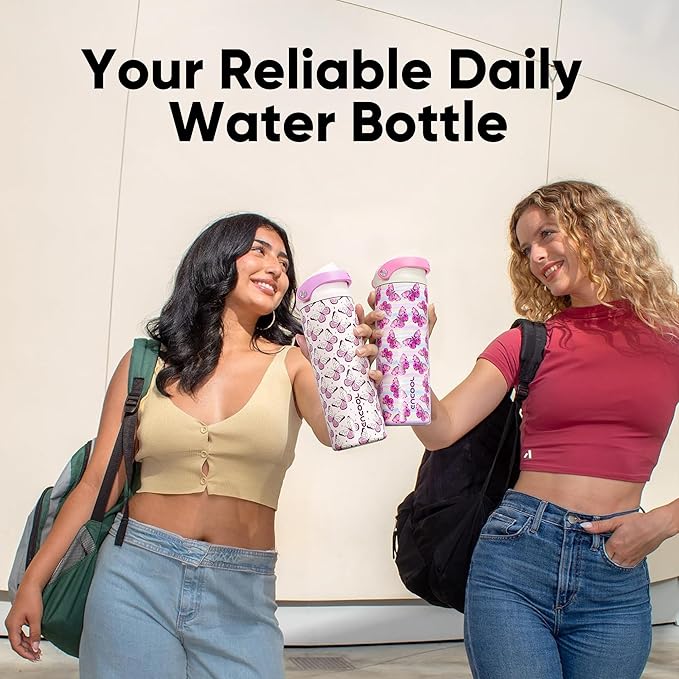 ENCOOL Leakproof Insulated Water Bottle with Straw Dual-Sip Water Bottle Bag-Safe Design for Work, Commute & Gym – Keeps Drinks Cold All Day, 24 oz, Blush Butterfly