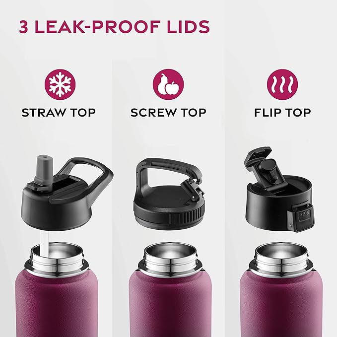 FineDine Water Bottle - Stainless Steel Insulated Water Bottle with Straw Lid, Flip Lid & Wide-Mouth Cap - Keeps Hot and Cold - 40 Oz / 1.18L - Dreamy Purple