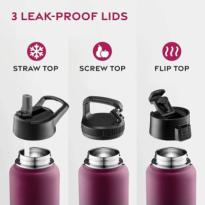 FineDine Water Bottle - Stainless Steel Insulated Water Bottle with Straw Lid, Flip Lid & Wide-Mouth Cap - Keeps Hot and Cold - 40 Oz / 1.18L - Dreamy Purple