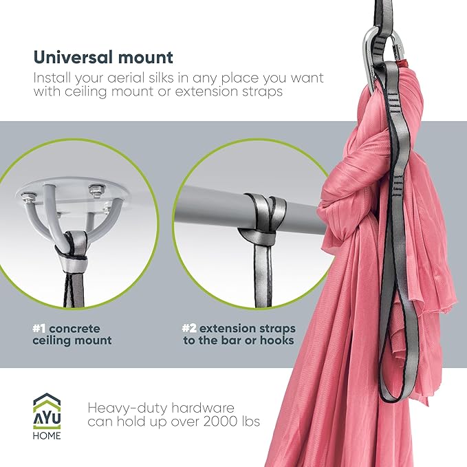 AyuHome Aerial Silks Kit for Home - Premium Yoga Swing for Kids and Adults with 660 lbs Capacity - Versatile Aerial Yoga Hammock for Gymnastics Training