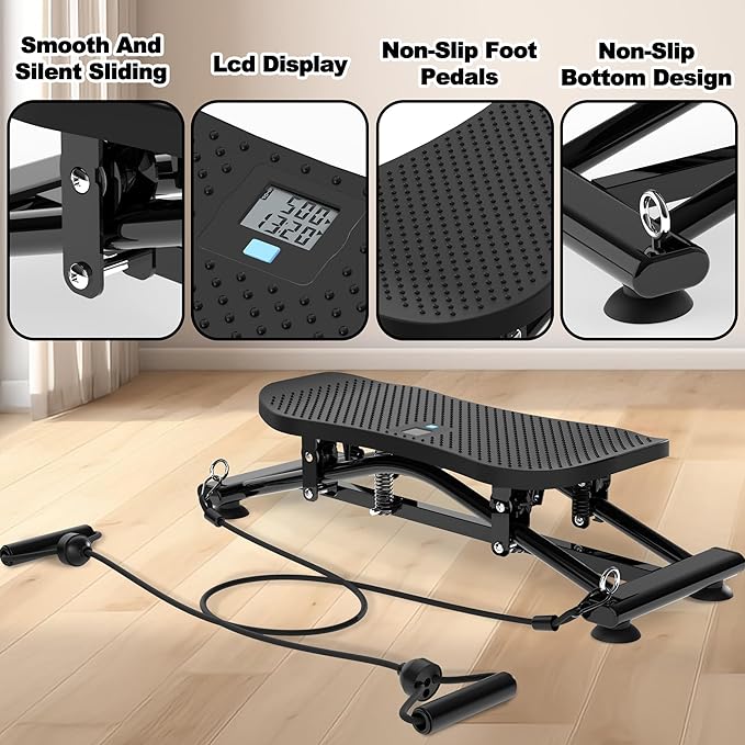 Indoor Rock Stepper w/ Resistance Bands, Sliding Balance Board Trainer Machine for Full Body Card Workout, Non-Slip Stable Home Exercise Equipment for Legs Core Arms Training, Compact Fitness Stepper