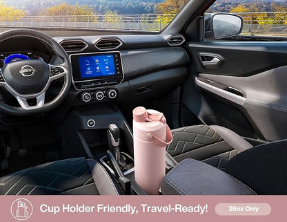 POWCAN 26 oz Insulated Water Bottle with 2-in-1 Straw and Spout Lid, Keep Cold 24H, Leak-Proof, Fits in Car Cup Holder, Stainless Steel Water Bottle for Gift, Holiday, Travel and School (Sweet Rosy)