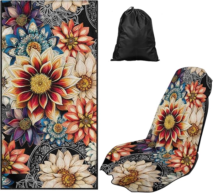 Bulopur Dahlia Floral Car Seat Towel Cover After Gym Workout Running Swimming Boho Automotive Accessories for Girly Non-Slip Sweating Car Seat Cover Removable