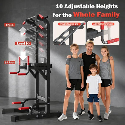 DlandHome Power Tower Pull Up Bar Station, Heavy Duty Adjustable Height for Home Gym Strength Training Equipment 330LBS Weight Capacity, Pull Up Dip Station