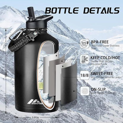 StarSpeed One Gallon Insulated Water Bottle with Straws & 2 Lids, 128oz Stainless Steel Double Walled Vacuum Water Jug, Large Wide Mouth with Paracord Handle for Gym Camping Hiking, Black