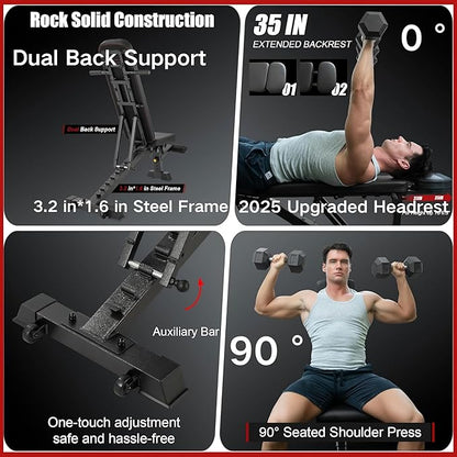 YOUTEN 1300 LB Weight Bench With Headrest Heavy Capacity | 9-4-4 90° Adjustable Incline Decline Exercise Chair for Home Gym More Stable and Durable | Foldable Training Lifting Bench | Dragon Flag Handle for Abdominal Arm Workout 2025 New Version