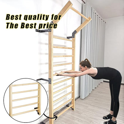 Swedish Ladder,Gymnastics Stall Bar, Wall Mounted Pull Up Bar- Solid Wood With11 Strategic Rods-86.6 Inches Height, 32 Inches Width, Indoor Gym Workout Yoga