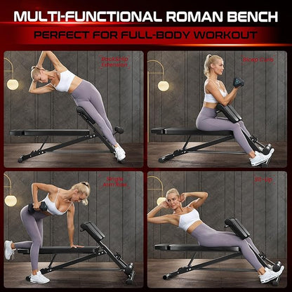 BODY RHYTHM Adjustable Weight Bench, Foldable Roman Chair for Full Body Workout, Sit up bench, Hyper Back Extension, Incline, Flat & Decline Bench