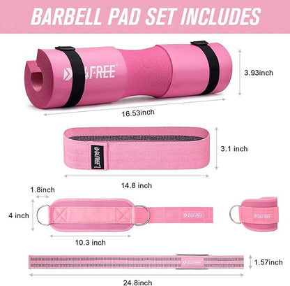 G4Free 9Pcs Barbell Pad Set for Squat, Hip Thrusts, Lunges, Leg day, Standard Olympic Bars with 2 Gym Ankle Safety Straps, 3 Hip Resistance Bands, 2 Lifting Strap, Barbell Pad, and Carry Bag