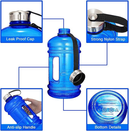 Half Gallon Big Water Bottle, 2.2L/73 OZ Large Leak Proof Sports Jug with Handle,Huge BPA Free PETG Plastic Wide Mouth Drinking Container Flask for Fitness Gym Biking Outdoor