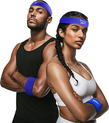 3pc Unisex Athletic Sweatband Set - 2.25in Workout Headband & 3.25in Wristbands w/Stay Dry Technology, Terry Cloth Band Moisture-Wicking Fabric | Quality Fitness Accessories for Active Comfort-Reebok