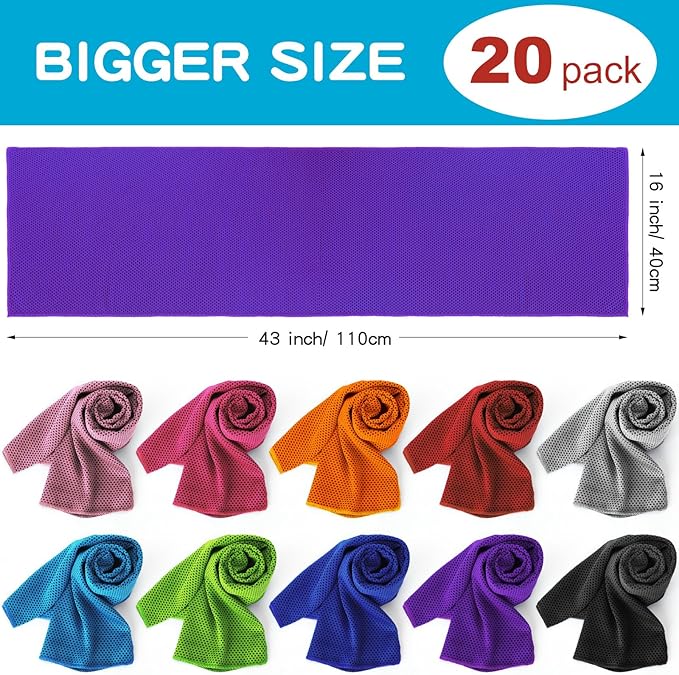 Honoson 20 Packs Cooling Towel, 43" x 16" Ice Towel for Neck and Face Microfiber Breathable Sport Sweat Rag for Gym, Yoga, Travel, Camping, Running, Fitness, Workout & More Activities