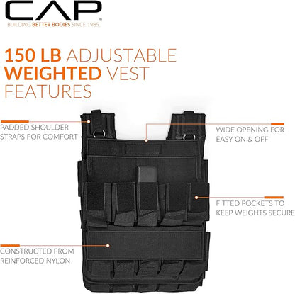 CAP Barbell Adjustable Weighted Vest | 20-150 lbs | Heavy-Duty Workout Vest with Removable Iron Weights for Strength Training, Cardio, Running, and Calisthenics