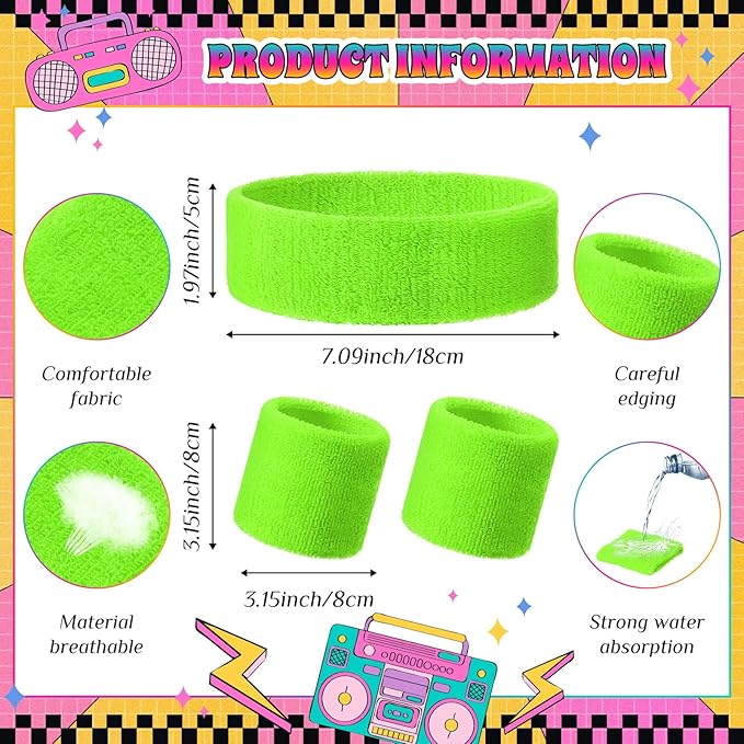 3 Pack Neon Sweatbands Set 80s Wristband and Headband Color War Accessories Sports Sweatbands for Summer Ball Party