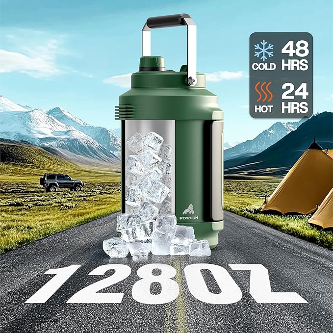 POWCAN One Gallon Insulated Water Bottle: 2-in-1 Straw Spout Lid, Dual Handle, Leakproof, Keep Cold 48H, 128oz Stainless Steel Water Jug for Outdoors, Trip, Sport, Fitness, Camping, Picnic (Forgest)