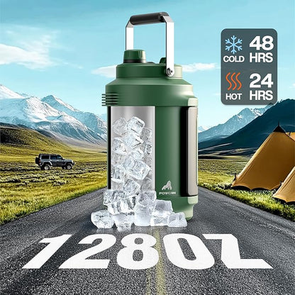 POWCAN One Gallon Insulated Water Bottle: 2-in-1 Straw Spout Lid, Dual Handle, Leakproof, Keep Cold 48H, 128oz Stainless Steel Water Jug for Outdoors, Trip, Sport, Fitness, Camping, Picnic (Forgest)