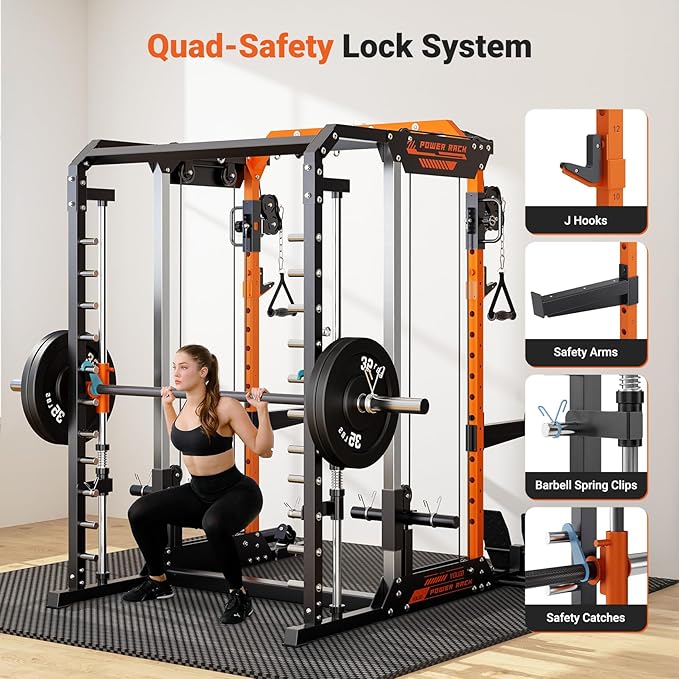 YOLEO Smith Machine & Squat Rack Combo, Multi-Functional Power Racks with Adjustable Width & Pull-Up Bar, Cable Crossover Power Cage, Independent Dual-Pulley System for Home Gym Garage Basement
