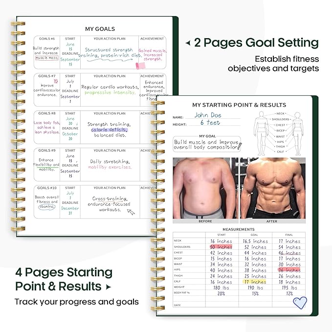 Fitness Workout Journal for Women & Men, A5(5.5" x 8.2") Workout Log Book Planner for Tracking, Progress, and Achieving Your Wellness Goals-Dark Green