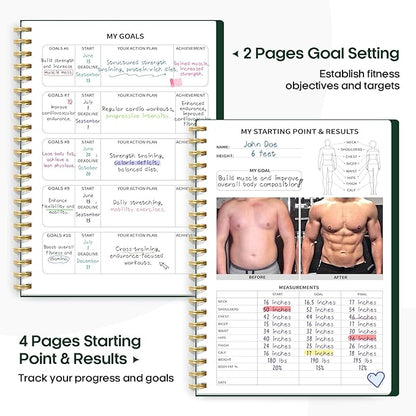 Fitness Workout Journal for Women & Men, A5(5.5" x 8.2") Workout Log Book Planner for Tracking, Progress, and Achieving Your Wellness Goals-Dark Green