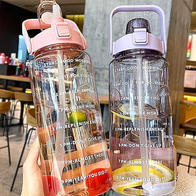 Sports Water Bottle with Straw, 2000ML Large Capacity Plastic Water Cup with Time Water Bottle Portable Strap Transparent Drinking Water Bottle with Times Scale for Gym Outdoor Fitness(Black)