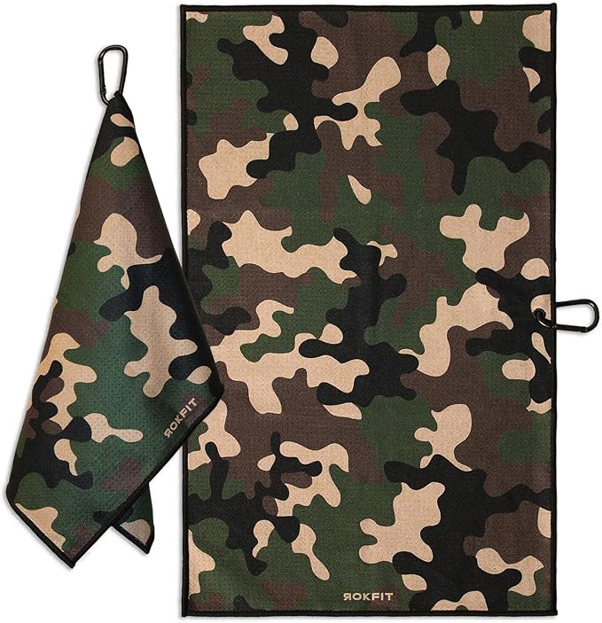 RokFit Gym & Golf Towel – Multi-Use, Quick-Dry, Durable Utility Towel with Bold Graphic and Carabiner Clip (Camo)