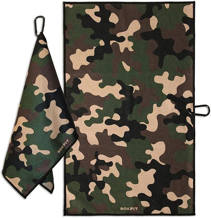 RokFit Gym & Golf Towel – Multi-Use, Quick-Dry, Durable Utility Towel with Bold Graphic and Carabiner Clip (Camo)