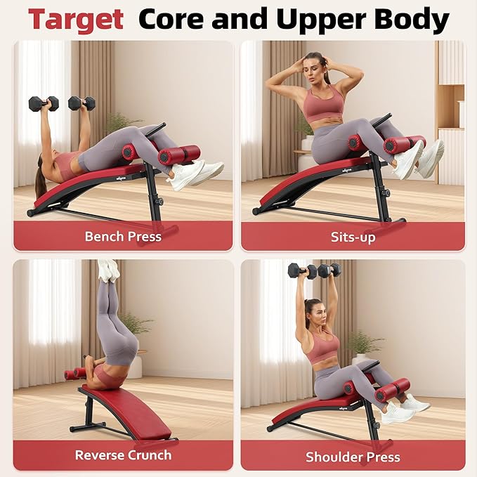 BODY RHYTHM Sit Up Bench with 4 Adjustable Heights and Reverse Crunch Handle, Curved Ab Workout Bench for Home Gym, Adjustable Weight Bench for Core Workouts and Decline Bench Press, Suitable for Individuals Up to 5.9ft Tall.