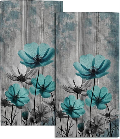 Teal Gray Floral Decorative Hand Towels for Bathroom Rustic Flower Wood Barn Vintage Kitchen Towels Set of 2 Turquoise Daisy Soft Absorbent Fingertip Dish Tea Towel for Home Yoga Gym Hotel