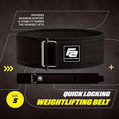 Fit Active Sports Self Locking Weight Lifting Belt | Premium Weightlifting Belt for Cross Training, Fast Locking Release Mechanism for Fitness and Power Lifting - Weightlifting Back Support for Men and Women