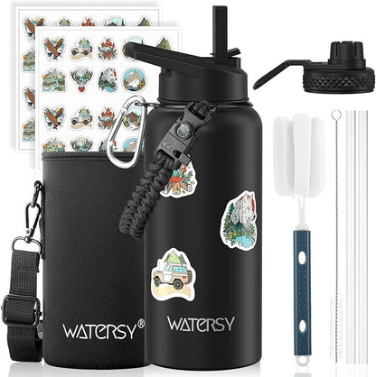 32oz Insulated Water Bottle (Cold for 48 Hrs),BPA Free&Leak Proof,Stainless Steel Water Flask,Water Jug with Straw Spout Lids for Gym,Hiking,Travel,Black