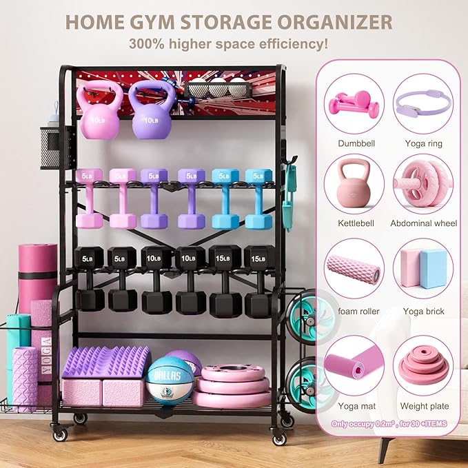 Home Gym Storage Rack with Wheels, Dual-Row & Heavy-Duty Dumbbell Rack and Yoga Mat Storage, Space-Saving Vertical Gym Equipment Storage Stand for Home Gym Accessories
