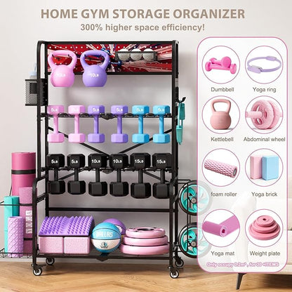 Home Gym Storage Rack with Wheels, Dual-Row & Heavy-Duty Dumbbell Rack and Yoga Mat Storage, Space-Saving Vertical Gym Equipment Storage Stand for Home Gym Accessories