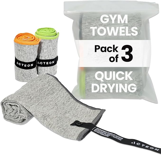 Acteon New Microfiber Quick Dry Gym Towel, Silver ION Odor-Free Mega Absorbent Fiber, Fast Drying, Men & Women Small Workout Gear for Body Sweat, Beach, Working Out, Camping, Travel Towel