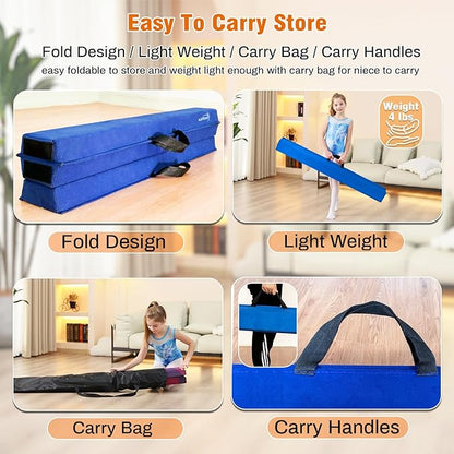 MARFULA 6 FT / 8 FT / 9 FT Folding Gymnastics Beam Foam Balance Floor Beam - Extra Firm - Suede Cover - Anti Slip Bottom with Carry Bag for Kids/Adults Home Use